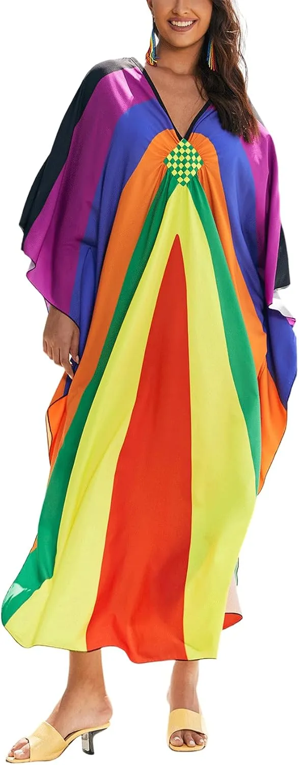 KECVOT Kaftan Dresses for Women Plus Size Batwing Sleeve Caftans Long Bathing Suit Cover Up Maxi Beach Dress Loungewear