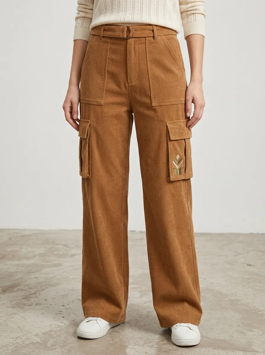 Women's Minimalist Geometric Pattern Printed Corduroy Cargo Pants