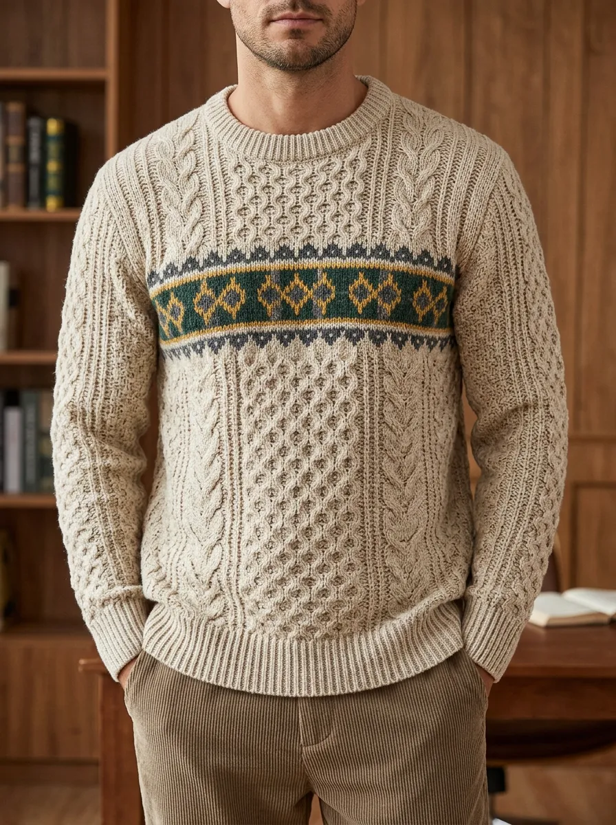 Men's Geometric Cable Knit Crewneck Sweater