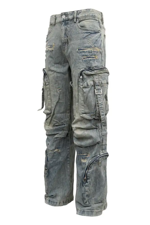 Men's Washed Wide Fit Utility Cargo Baggy Denim Pants