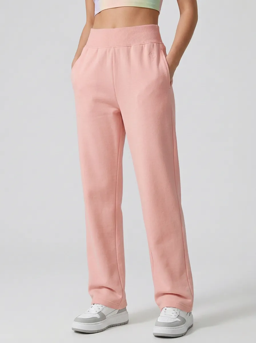 Women's Minimalist Rose Embroidered Solid Cream Sweatpants