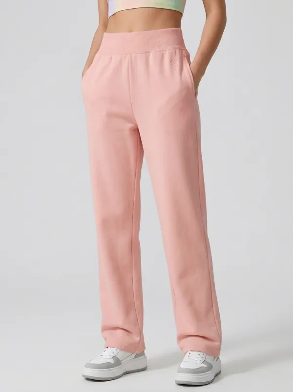Women's Minimalist Rose Embroidered Solid Cream Sweatpants