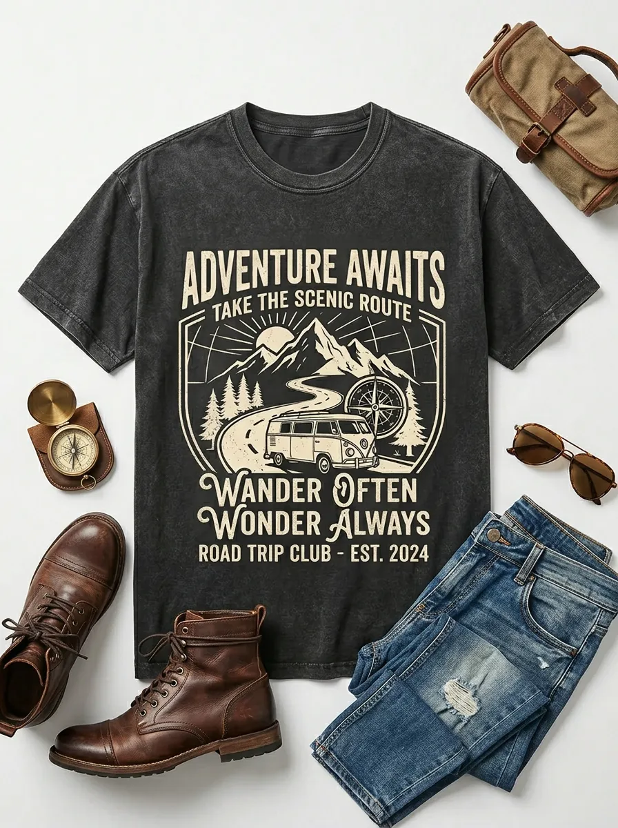 Unisex Adventure Road Trip Camper Van Mountain Printed T-shirt