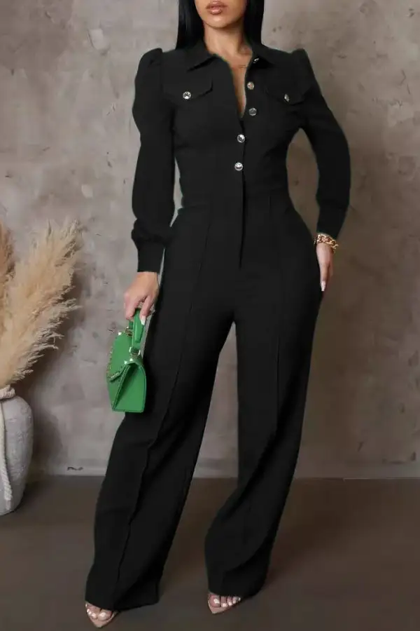 Button-Front Collared Long Sleeve Jumpsuit