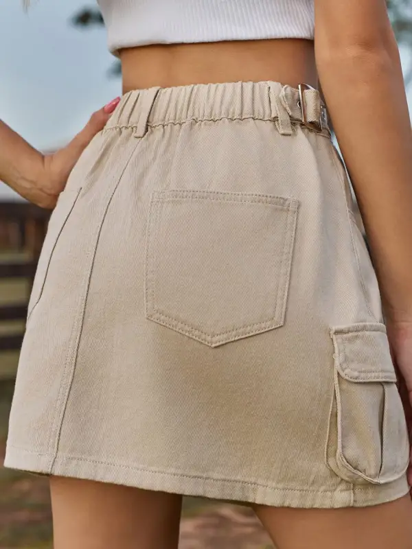 Smooth Button Front Denim Detail Skirt