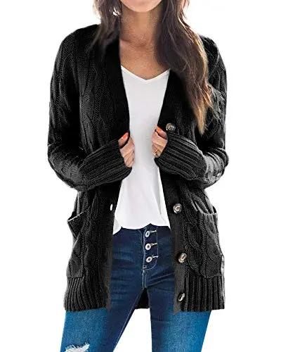 Women's Cable Knit Cardigan Long Sleeve Open Front Button Down Knitwear Sweater Coat