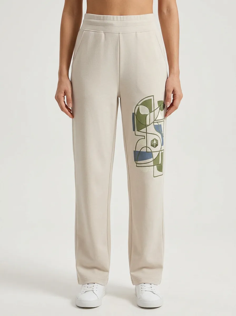 Women's Beige Geometric Graphic Straight-Leg Sweatpants