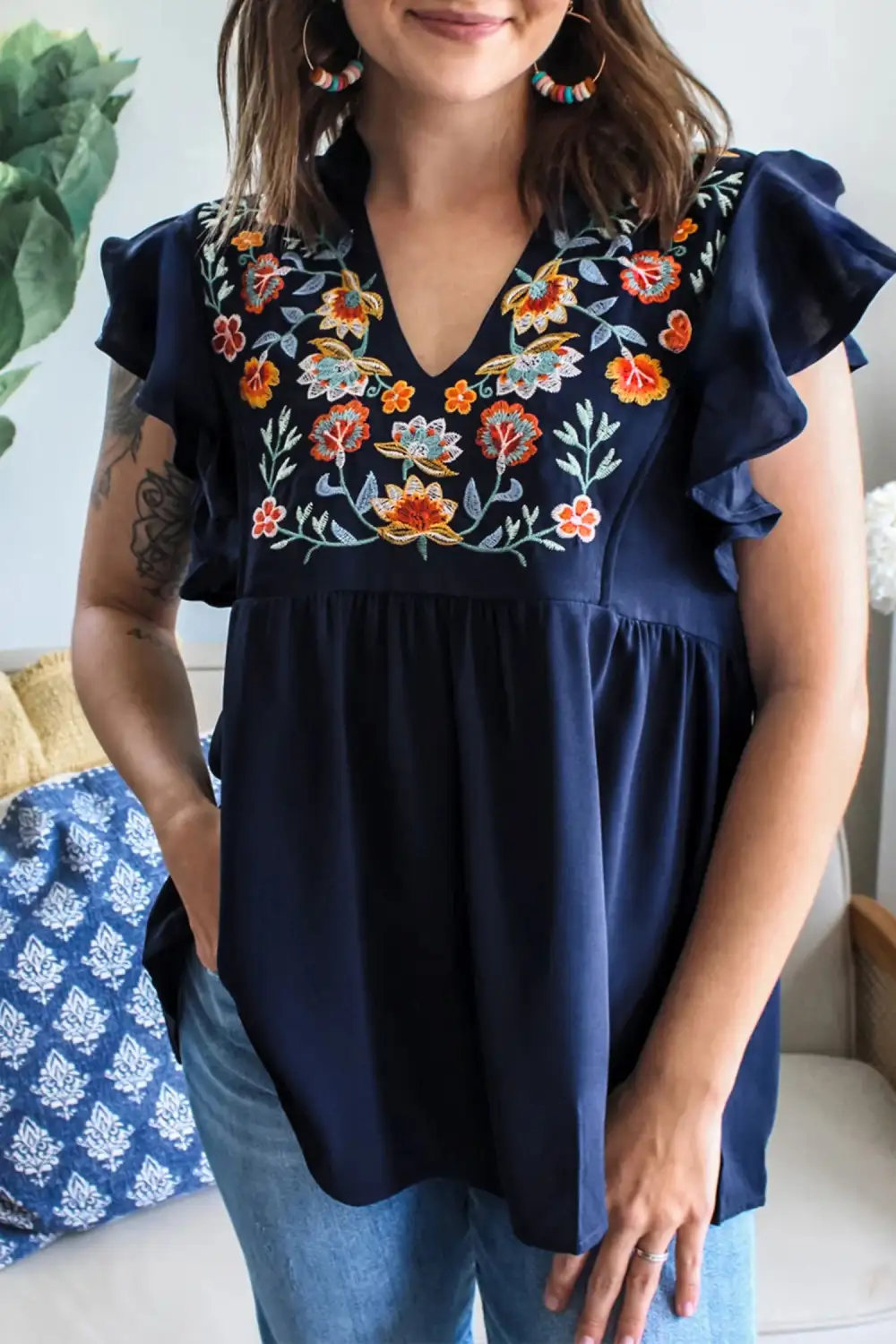 Women's Floral Print Embroidered V Neck Top