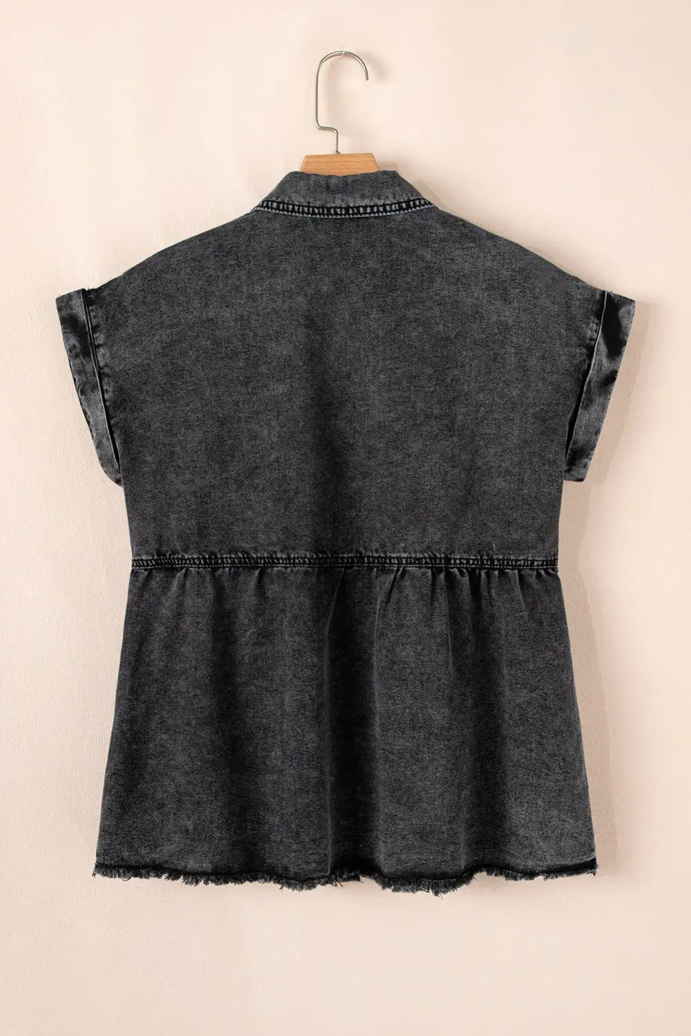 Button Front Short Sleeve Raw Hem Shirt Blouse