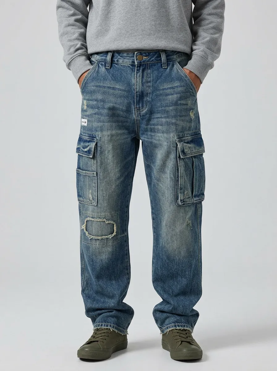 Men's Distressed Denim Multi-Pocket Cargo Jeans