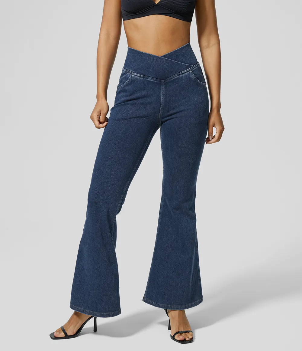 Magic High Waisted Crossover Pocket Washed Stretchy Knit Casual Super Flare Jeans