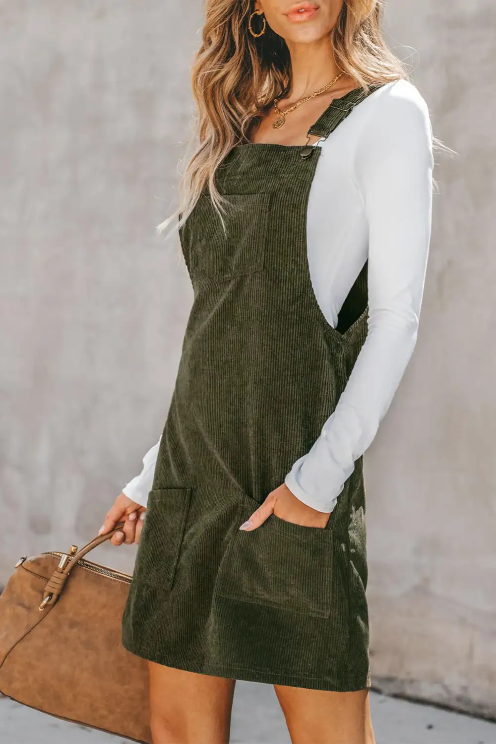 Classic Solid Front Pockets Sleeveless Corduroy Overall Dress