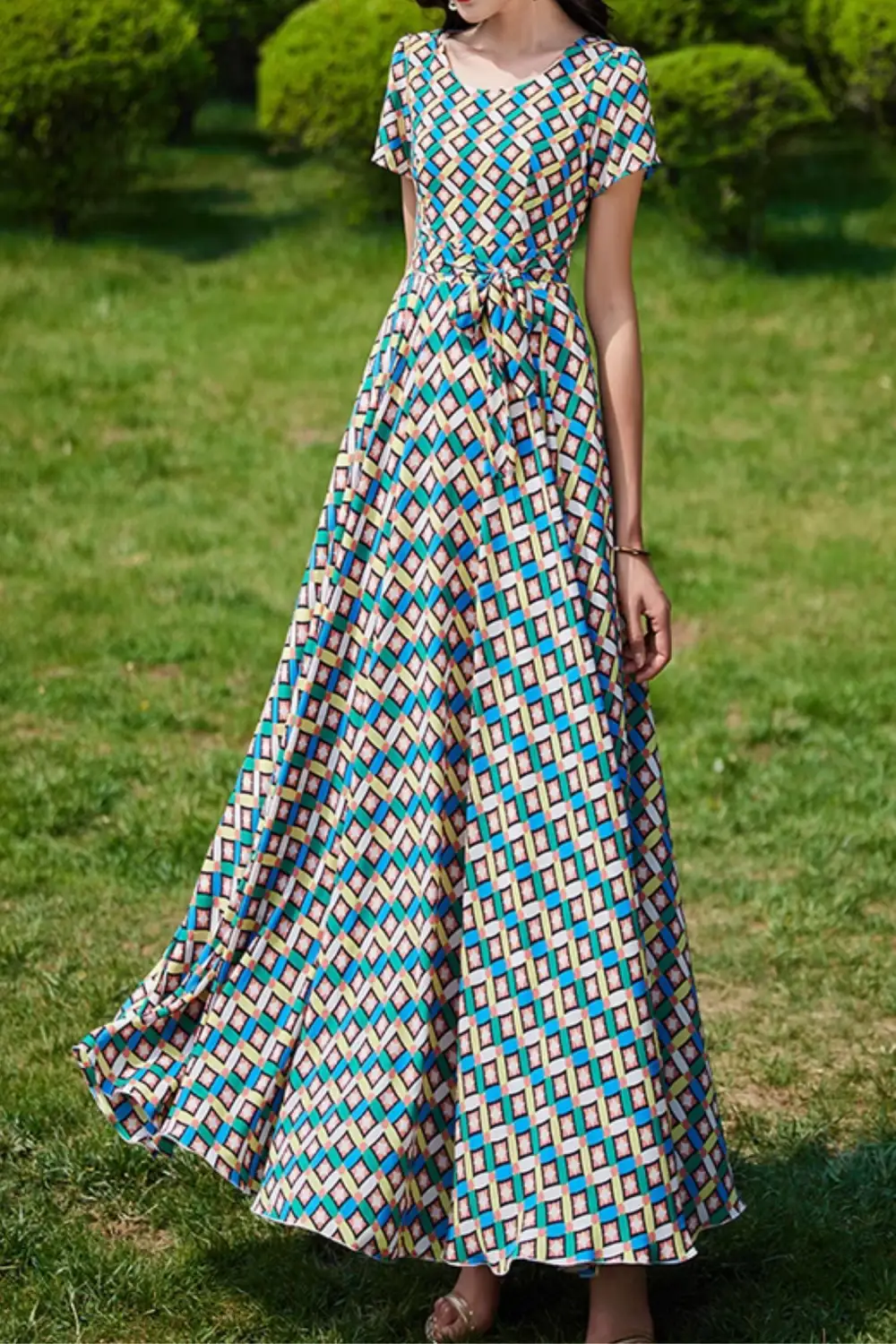 Printed Chiffon Fit And Flare Short Sleeve Maxi Dress