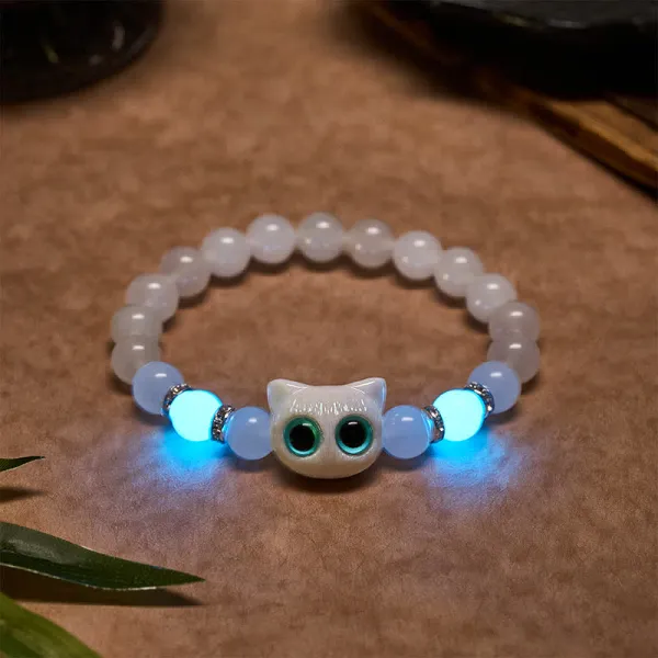 Jade Obsidian Cute Cat Head Beaded Bracelet