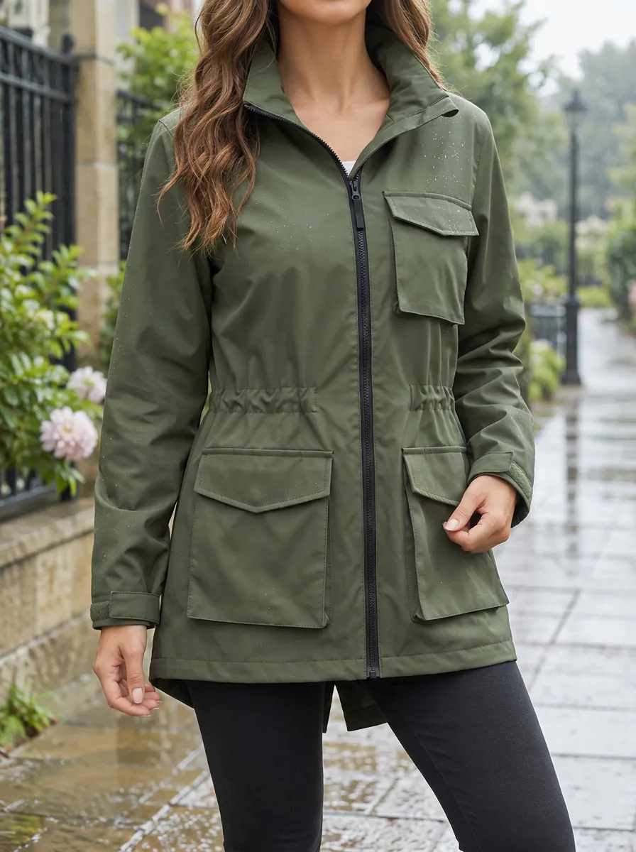 Women's Olive Green Utility Waterproof Hooded Jacket