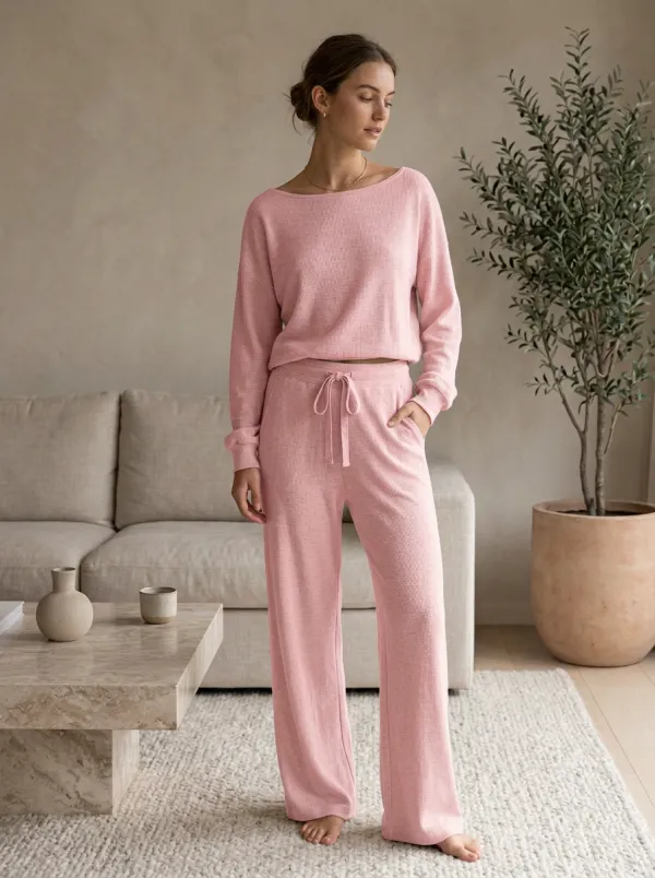 Women's Minimalist Beige Waffle Knit Loungewear Set