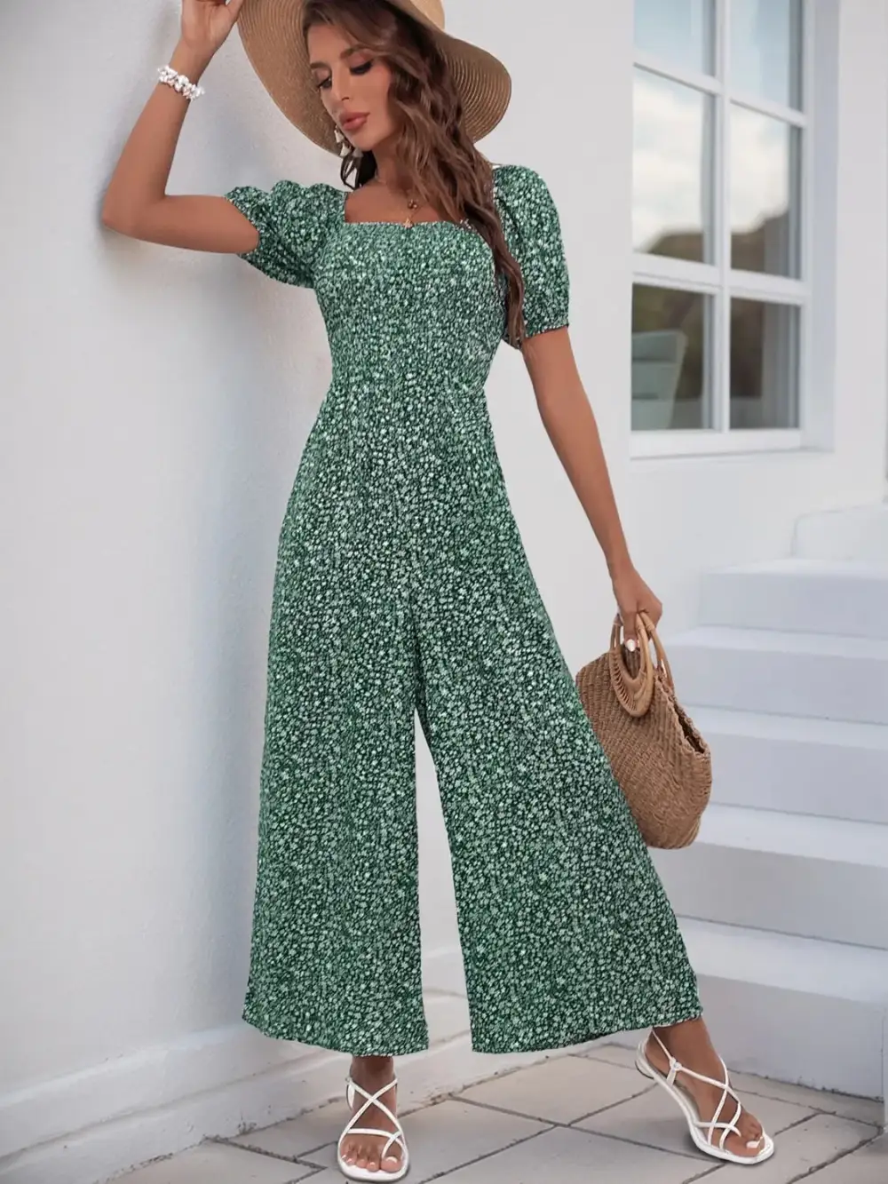 Printed Square Neck Puff Sleeve Everyday Jumpsuit