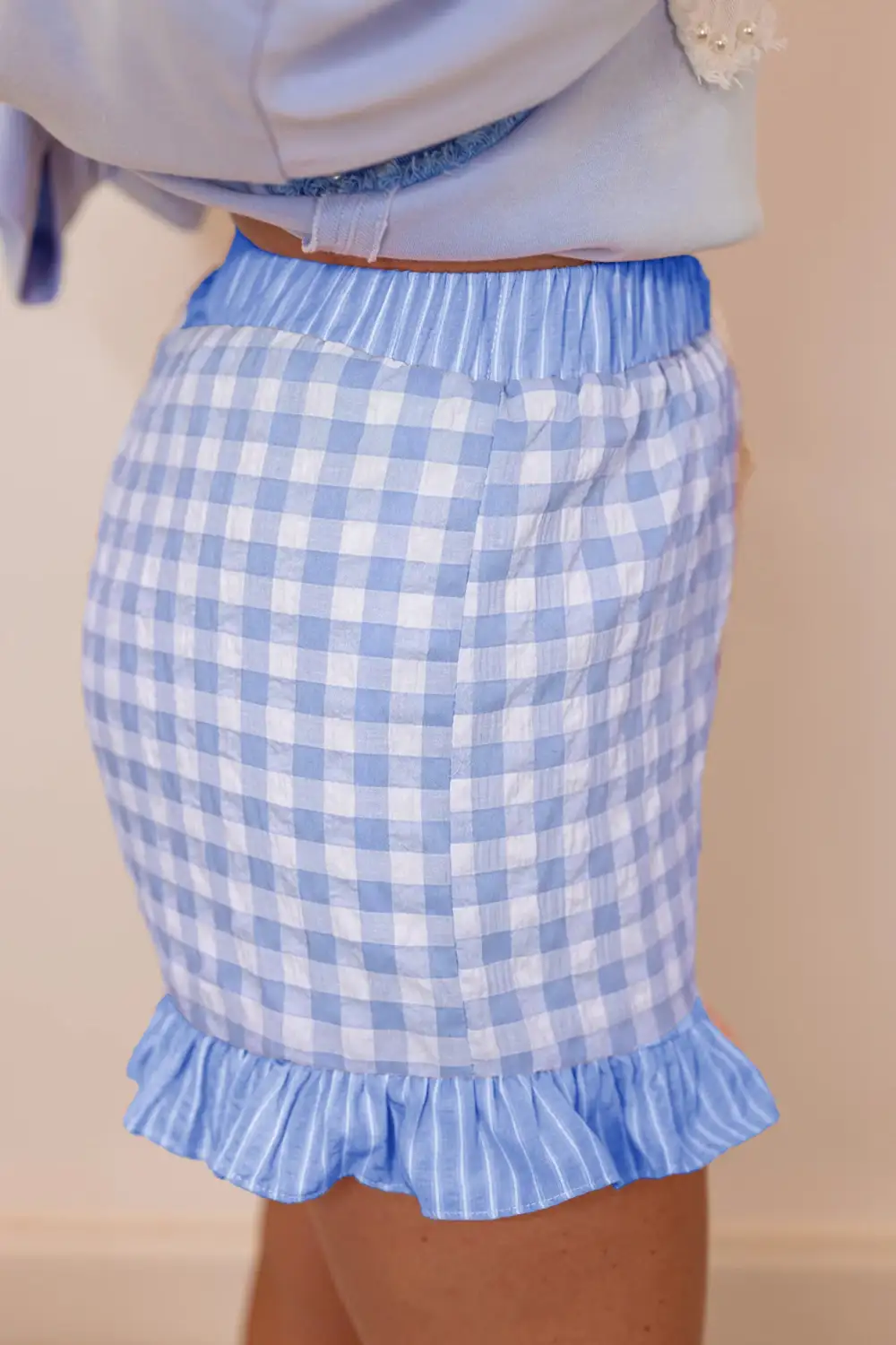 Elastic-Waist Ruffled Cotton Plaid Casual Shorts