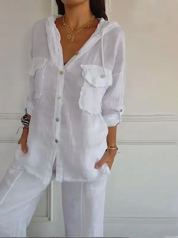 Women's Cotton and Linen Hooded Solid Color Two-piece Set