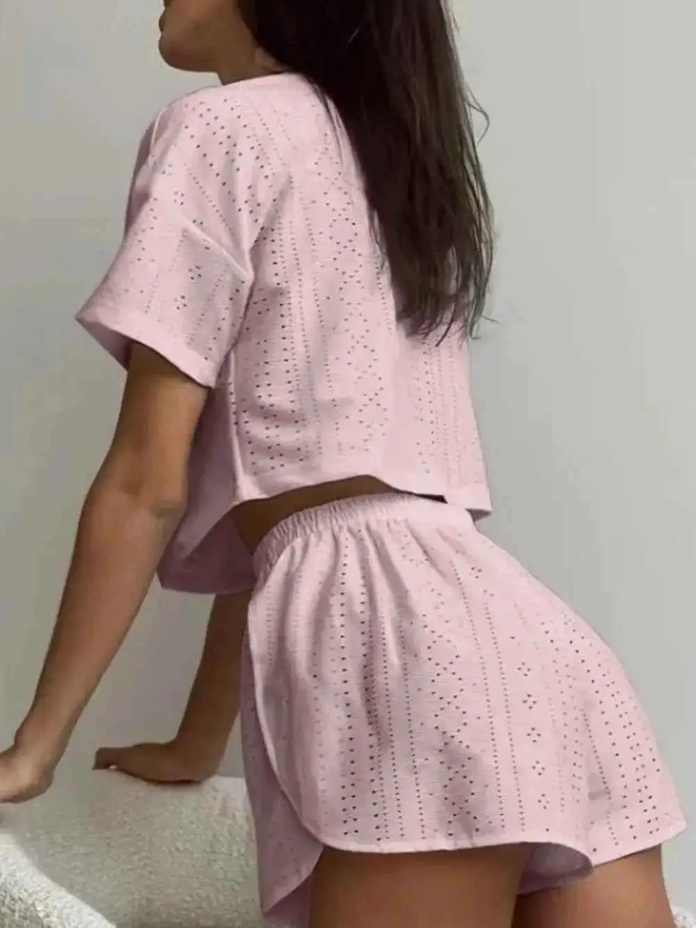 Pull On Eyelet Round Neck Top and Shorts Set