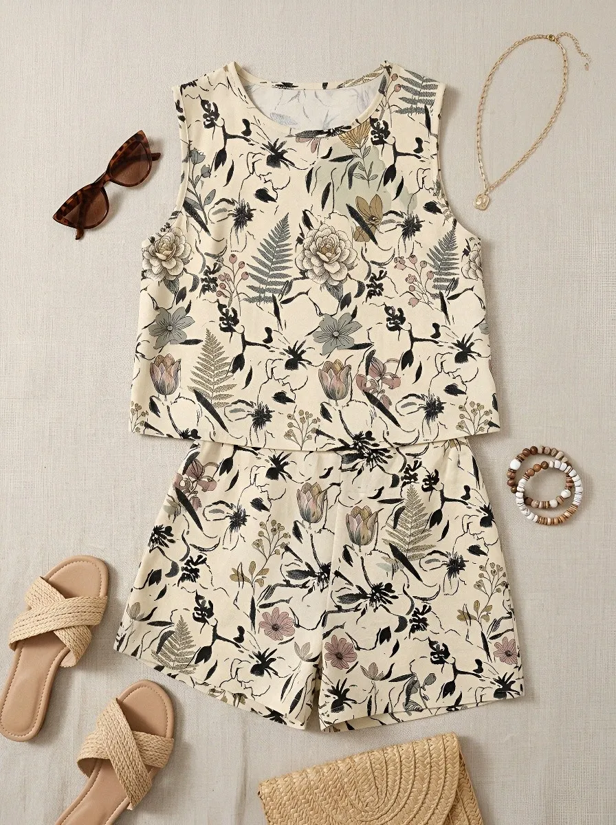 Women's Botanical Lover Floral Fern Printed Sleeveless Set