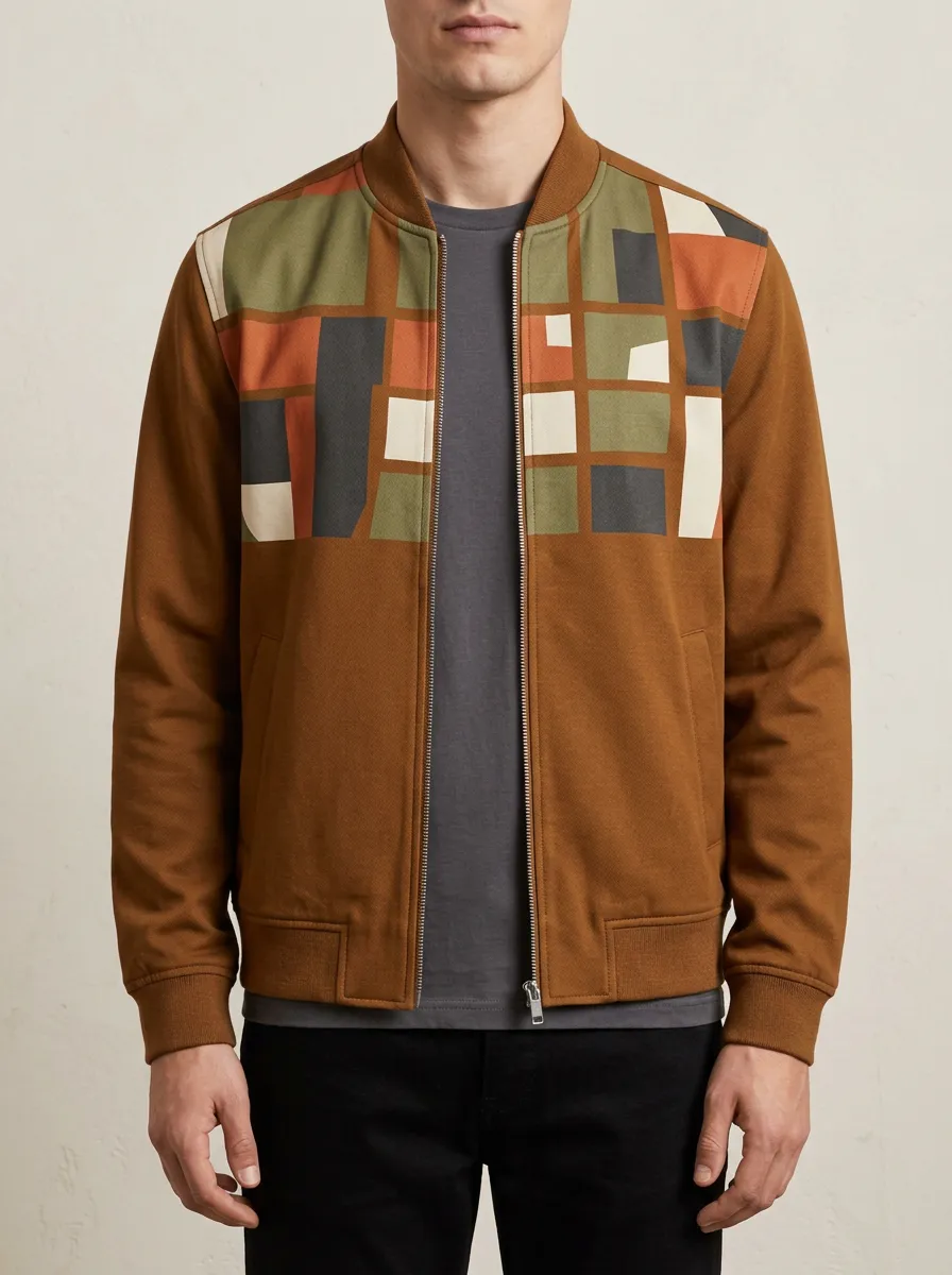 Geometric Print Baseball Collar Welt Pockets Bomber Jacket