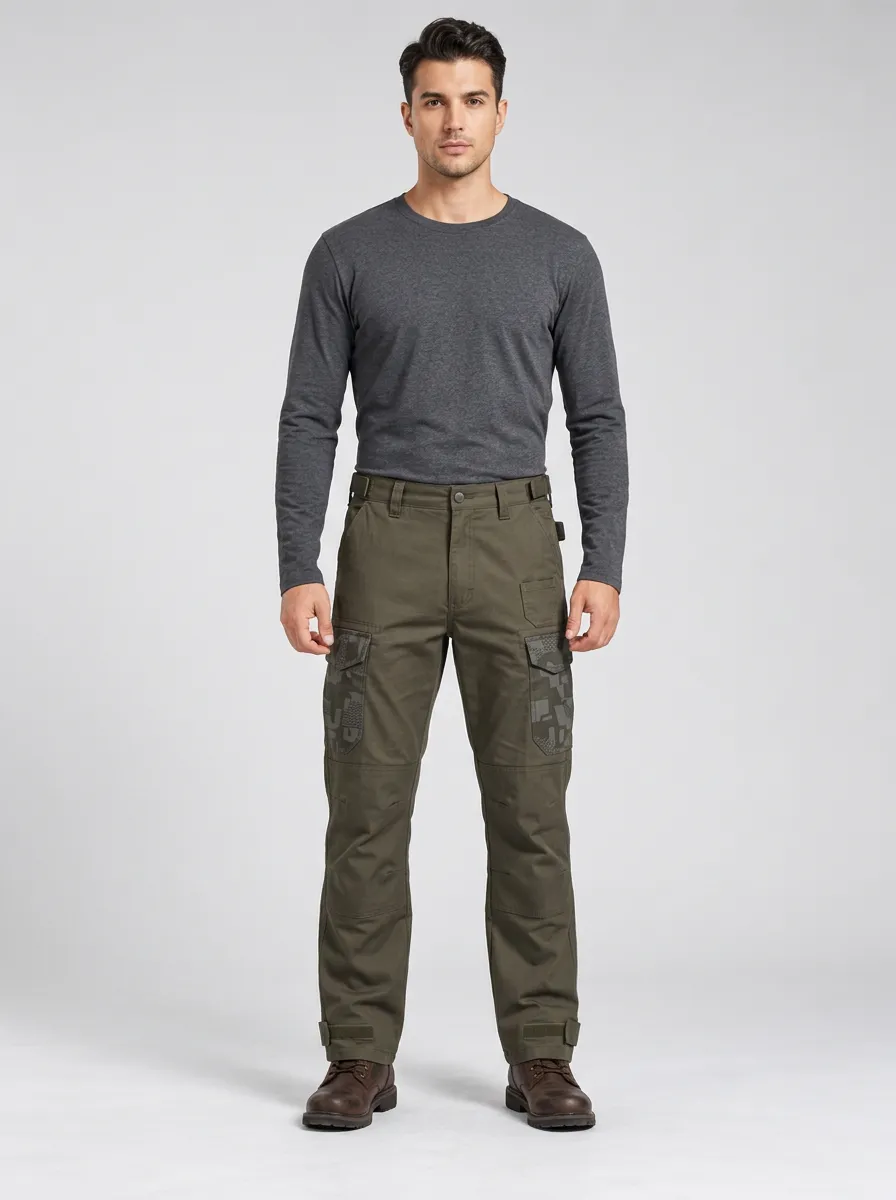 Men's Olive Green Camo Multi-Pocket Articulated Knee Tactical Cargo Pants
