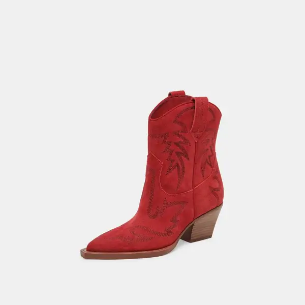 Faux-Suede Embroidered Pull-On Pointed-Toe Western Boots