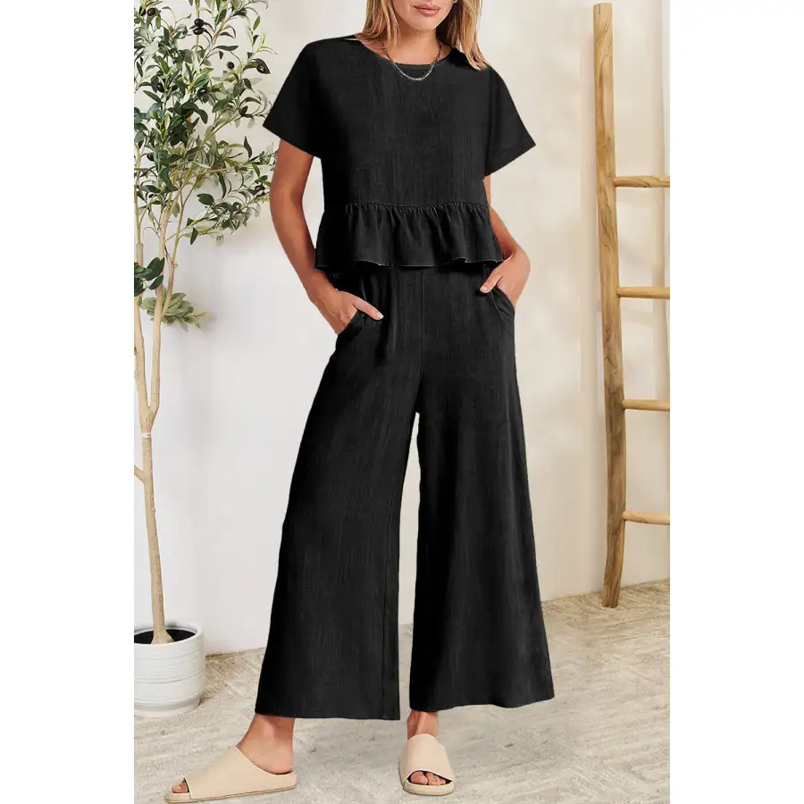 Peplum Round Neck Short Sleeve Top and Pants Set