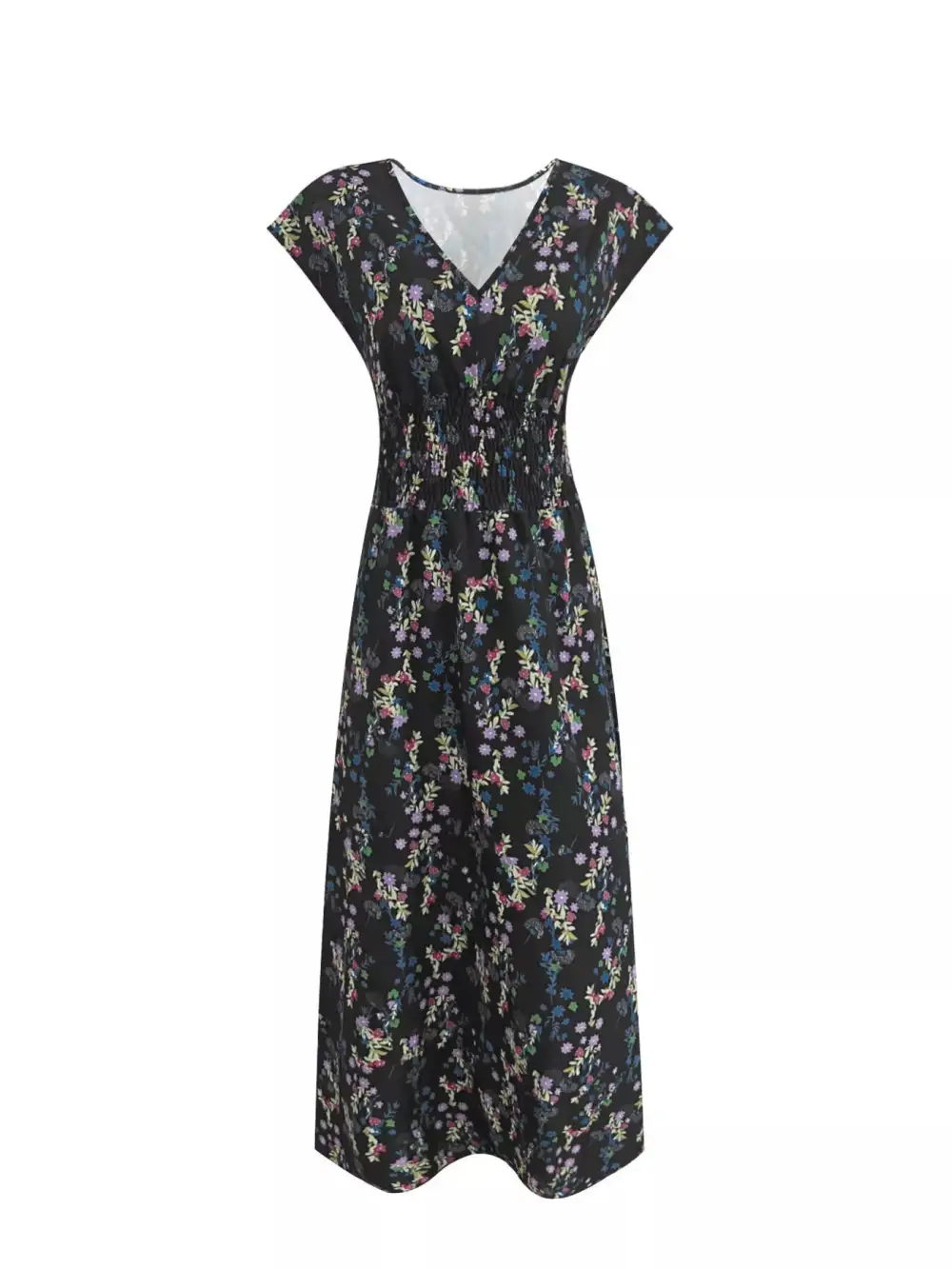 Gathered Detail Floral V Neck Maxi Dress