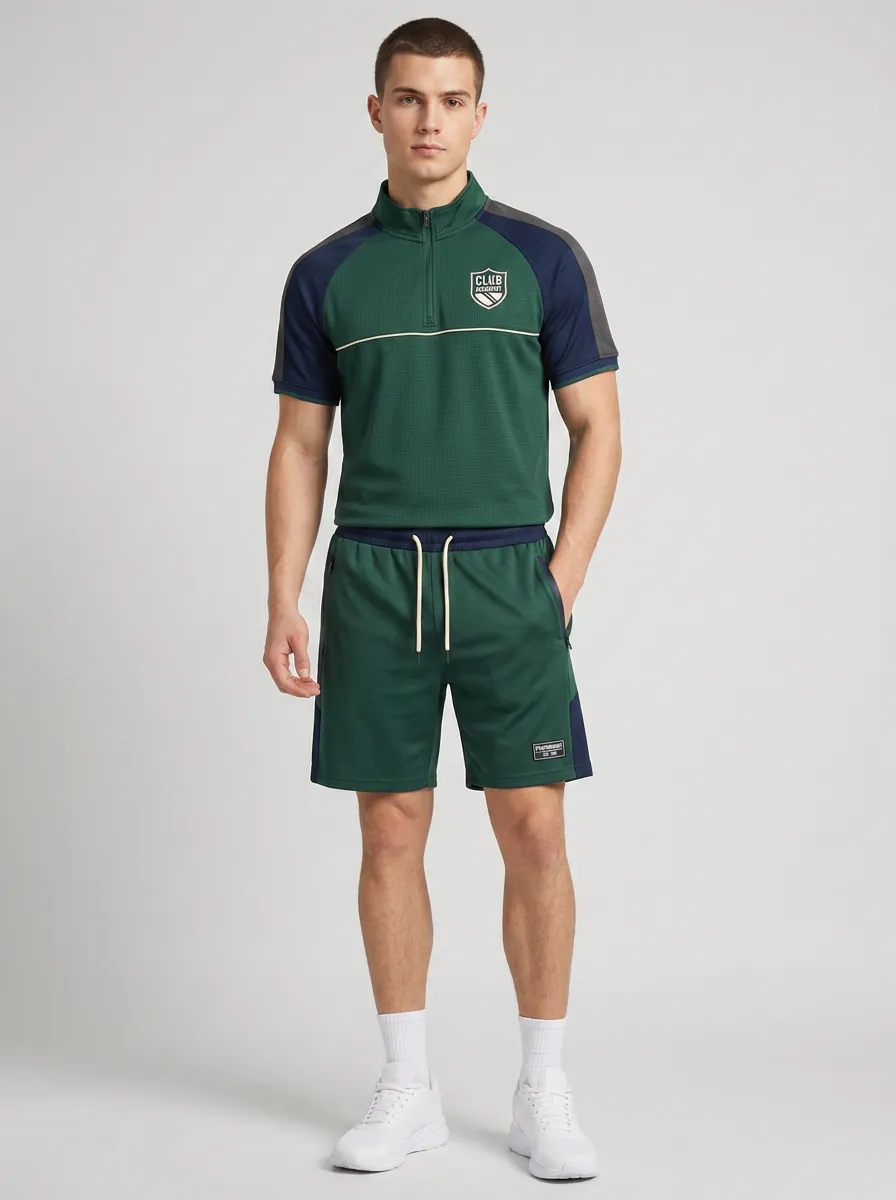 Men's Sporty Club Badge Printed Quarter-Zip Polo and Shorts Set