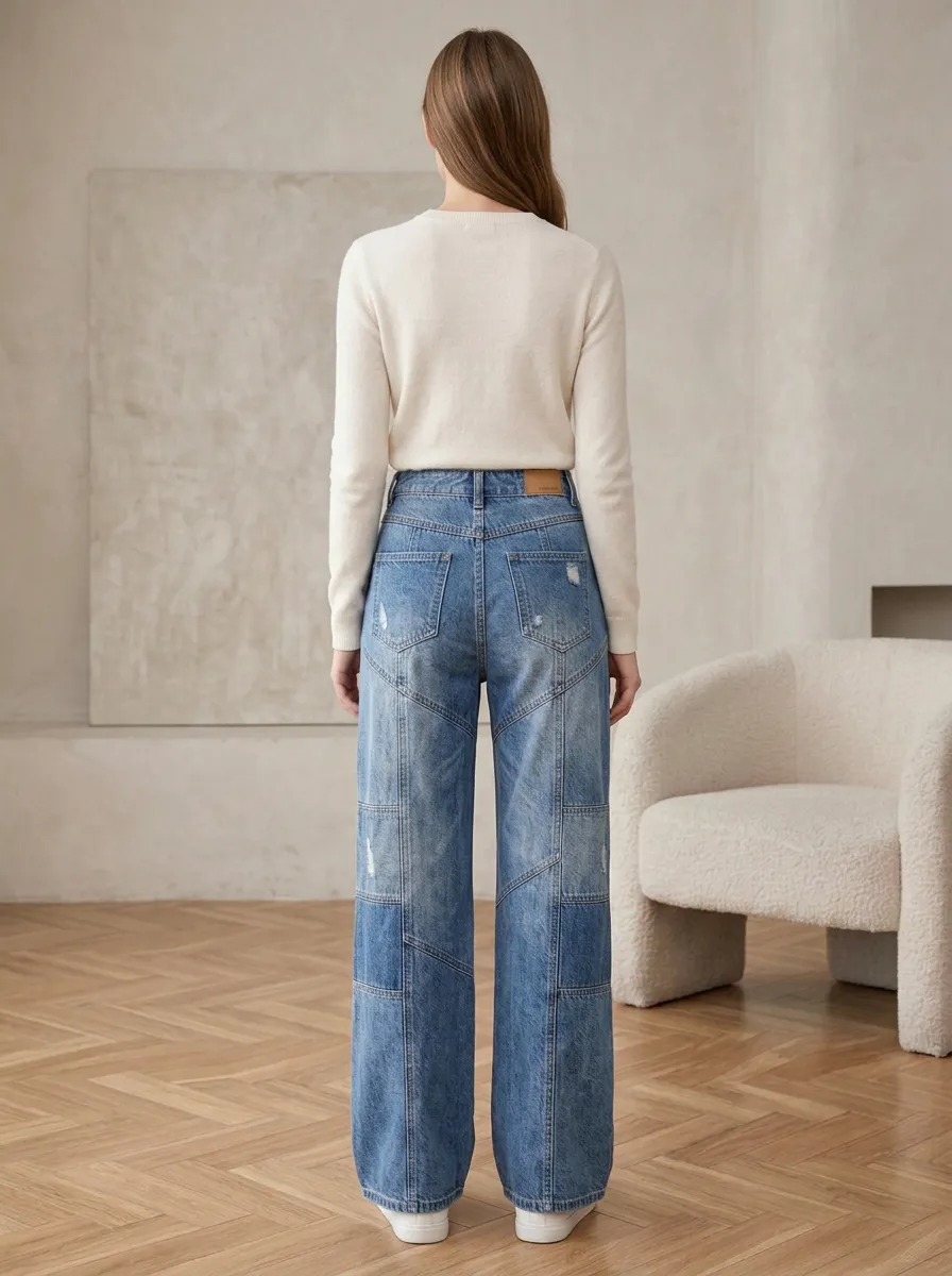 Women's Casual Fashion Patchwork Distressed Wide Leg Denim Jeans