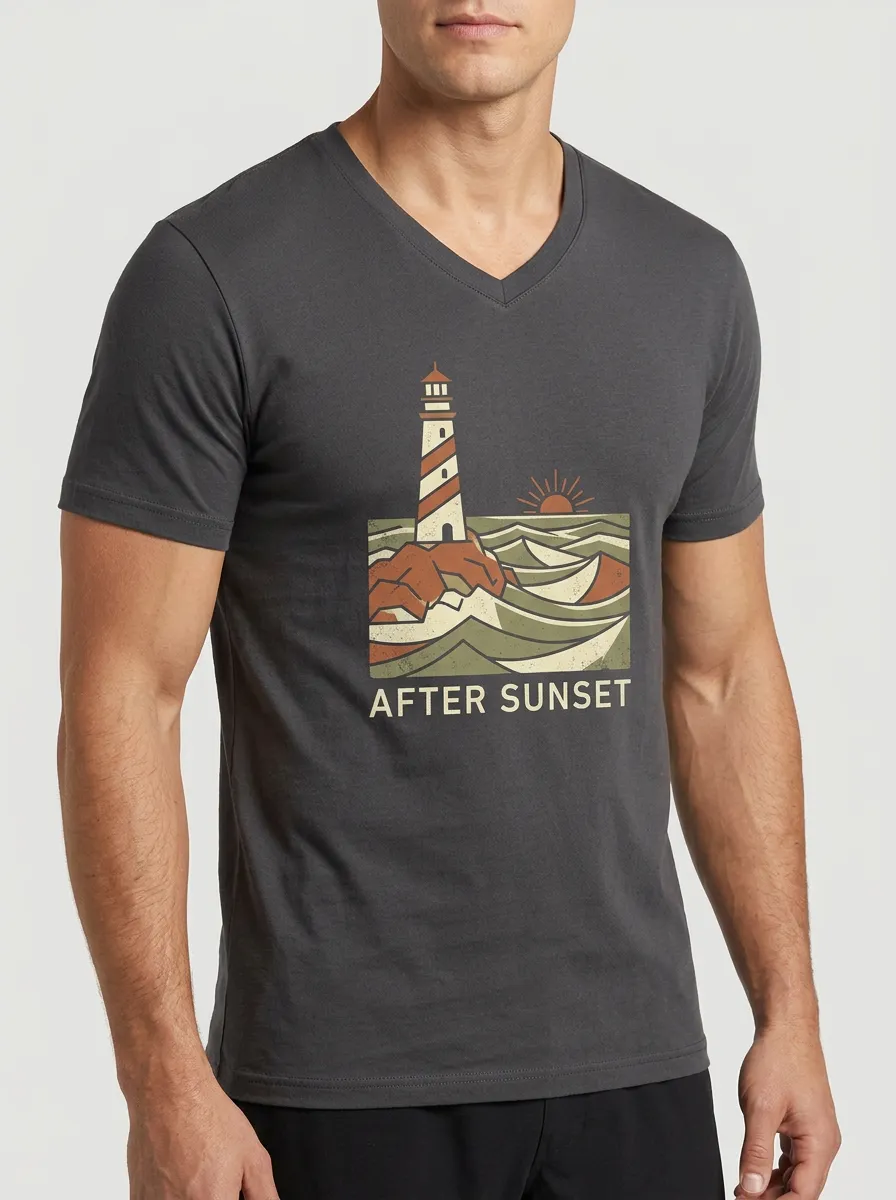 Men's Nautical Ocean Lover Lighthouse Sunset Printed V-Neck T-Shirt