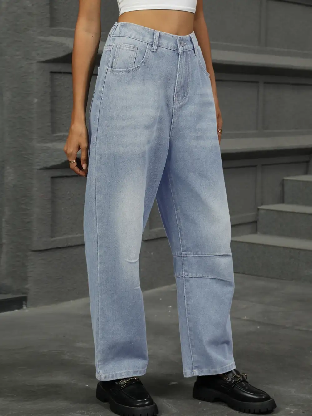 Straight Leg Elastic Waist Denim Jeans
