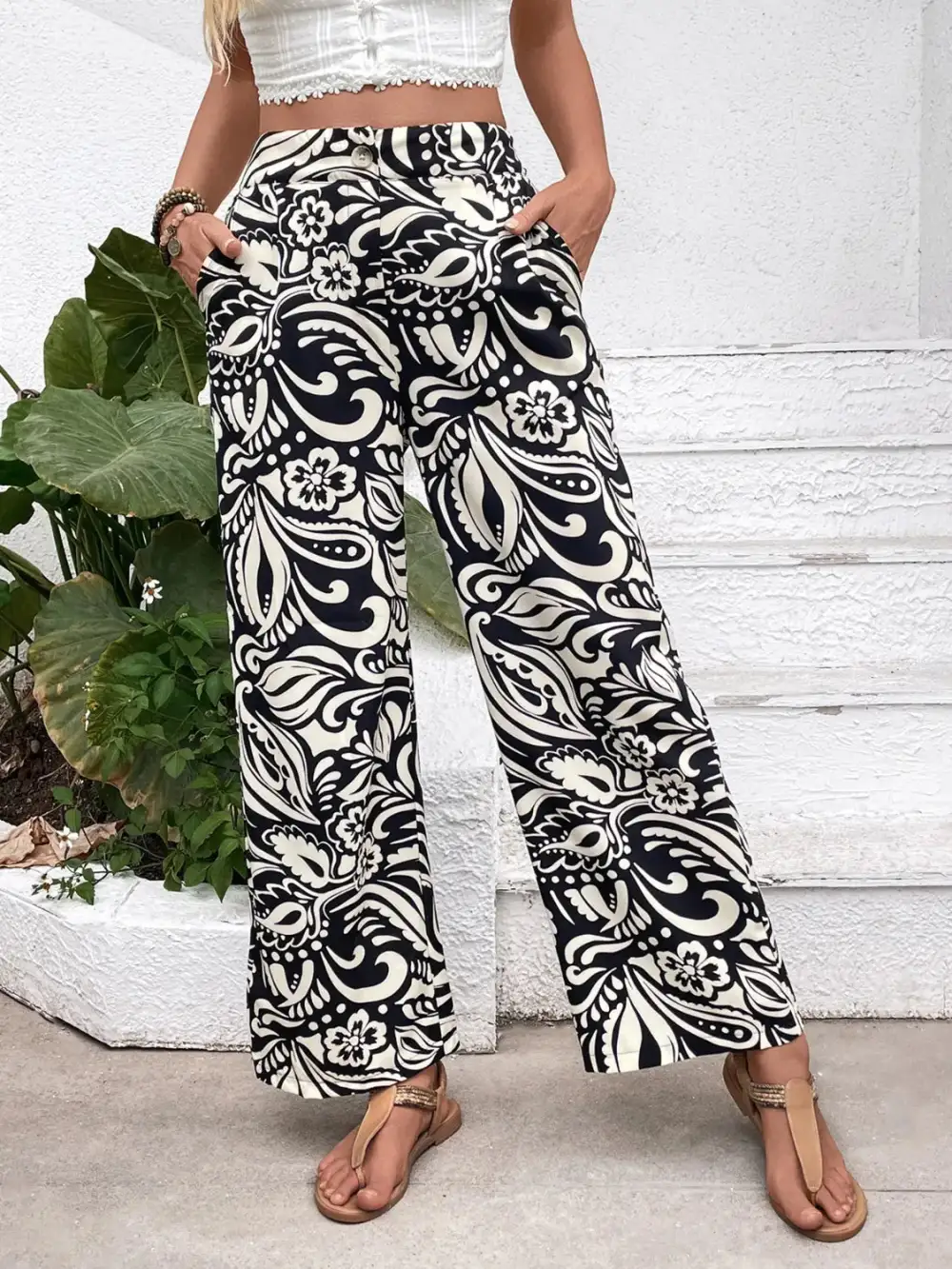 Textured Printed Wide Leg Pants