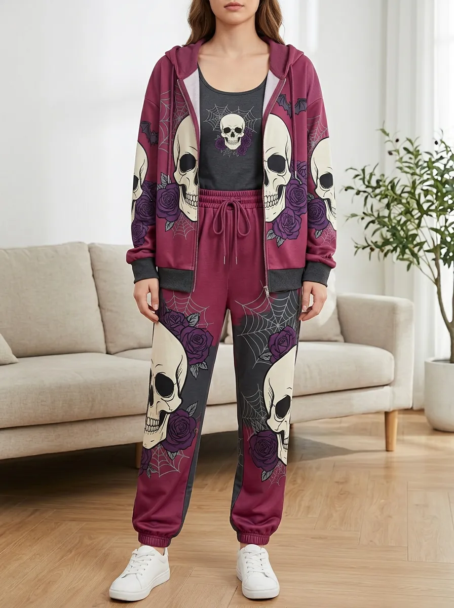 Women's Halloween Skull Rose Spiderweb Ribbed Trim Jogger Set