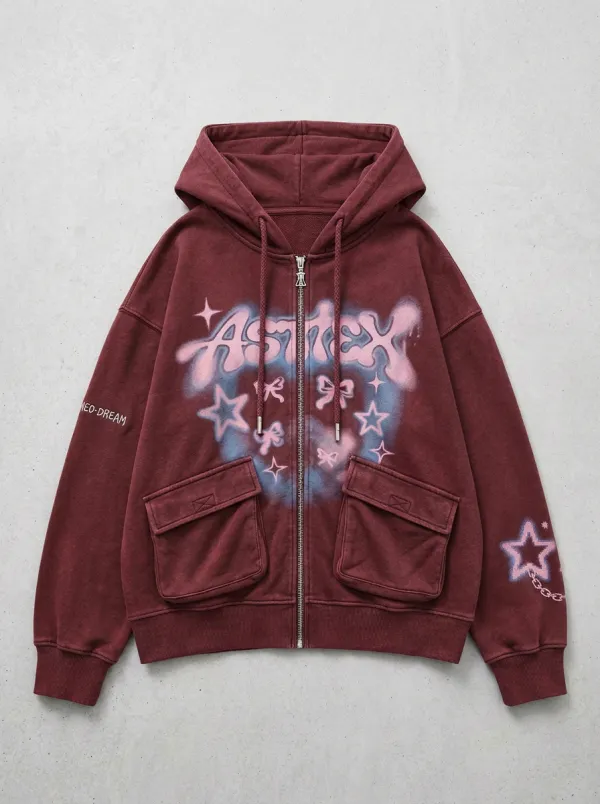 Unisex Streetwear Y2K Star Bow Printed Zip-up Hoodie