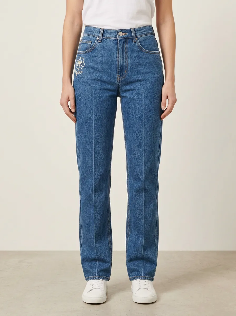 Women's Minimal Floral Embroidered Right-Hip High-Rise Straight-Leg Jeans