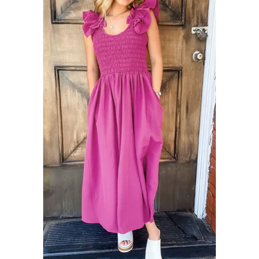 Solid Color Ruffled Straps Smocked Ruched Maxi Dress