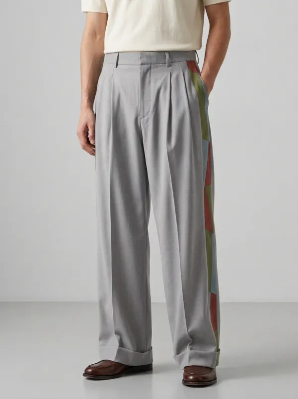 Men's Geometric Colorblock Side Printed Wide Leg Trousers