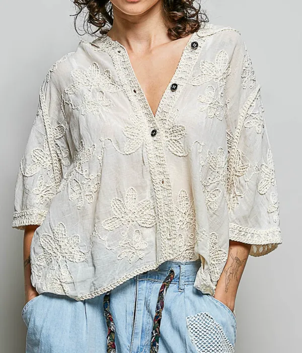 Crochet Floral Button Front Blouse