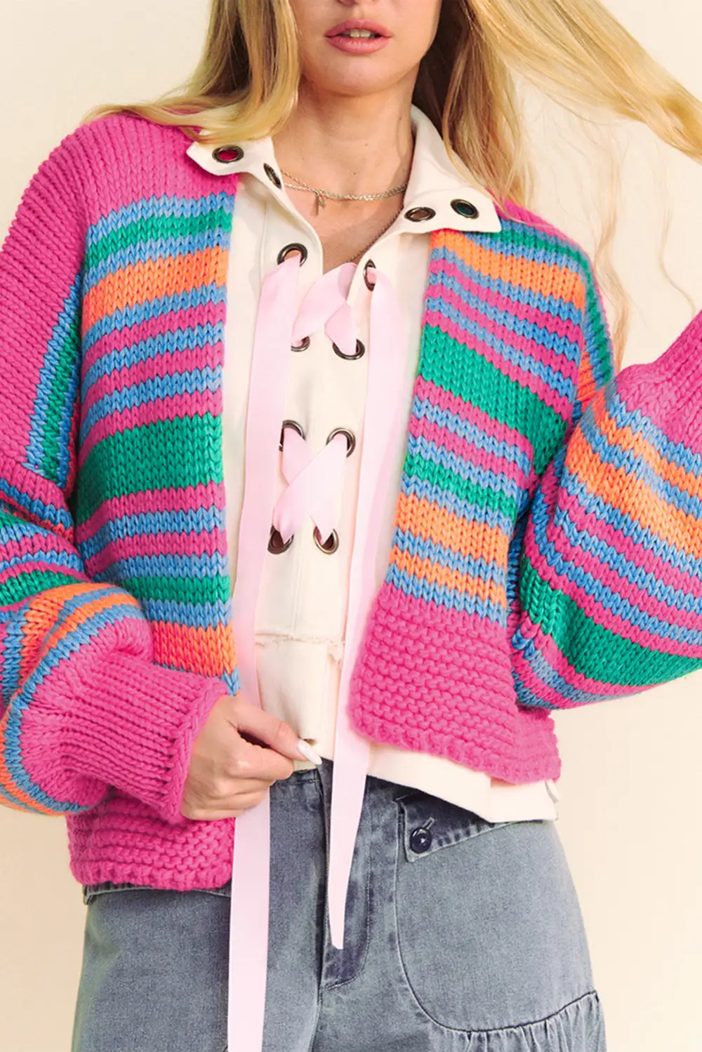 Colorful Puff Sleeve Drop Shoulder Loose Cardigan