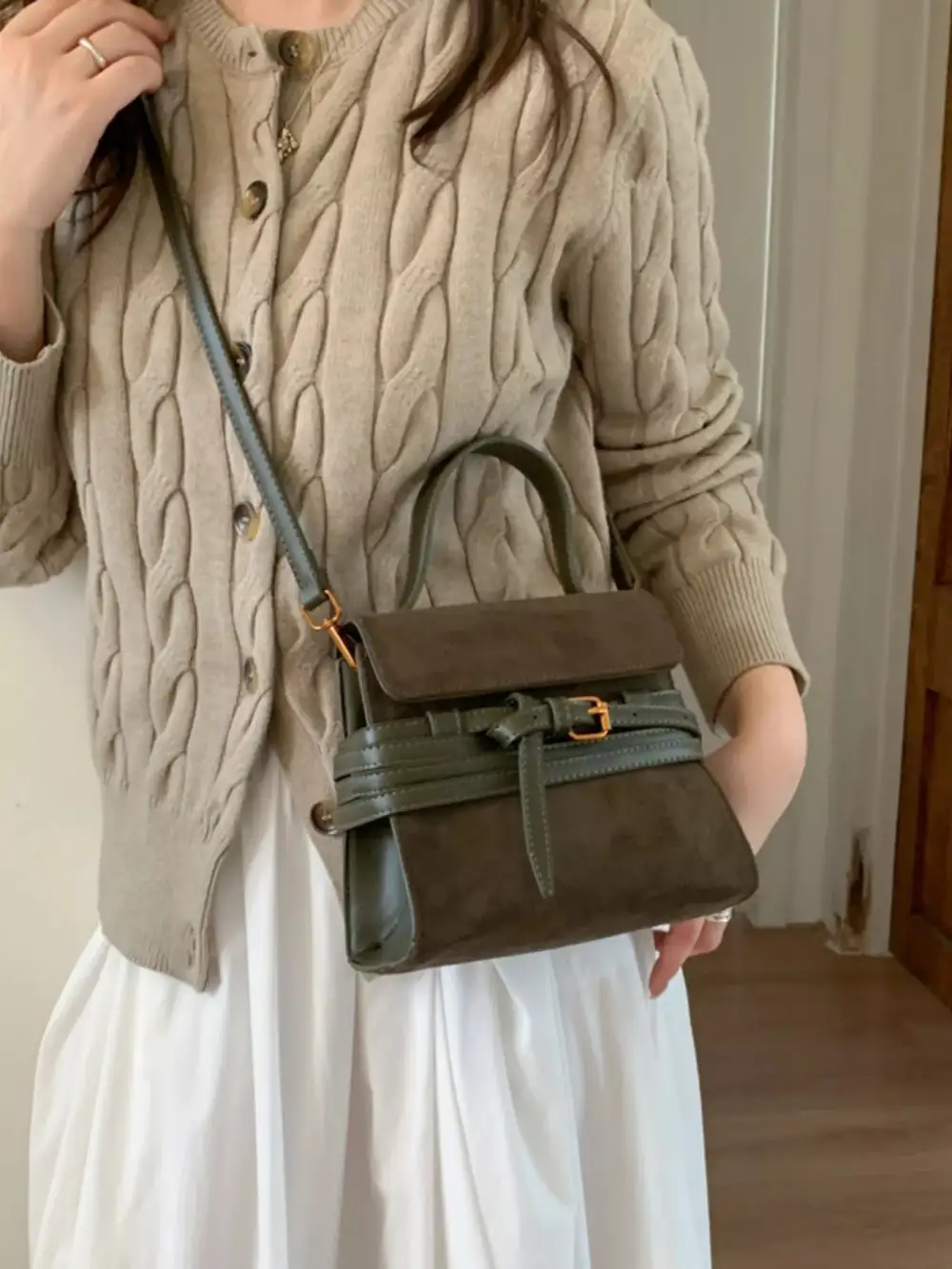 Buckle Accent Suede Crossbody Bag