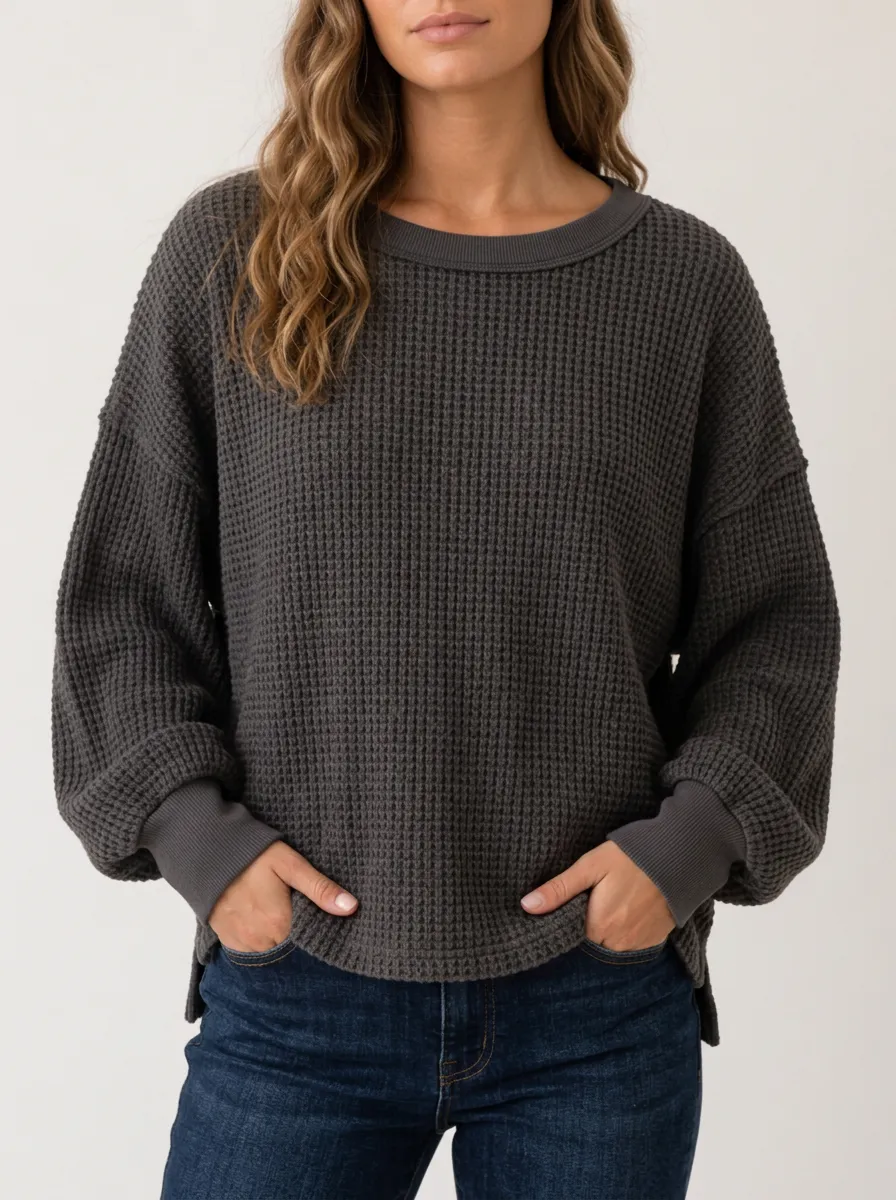 Textured Casual Casual Charcoal Waffle Knit Long Sleeve Top