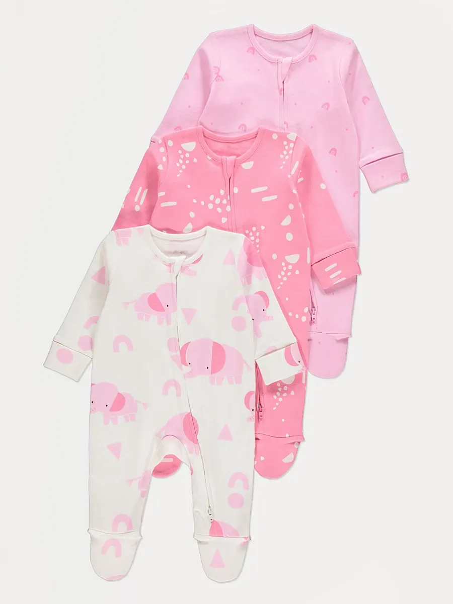 Pink Elephant Zip Fasten Sleepsuits 3 Pack