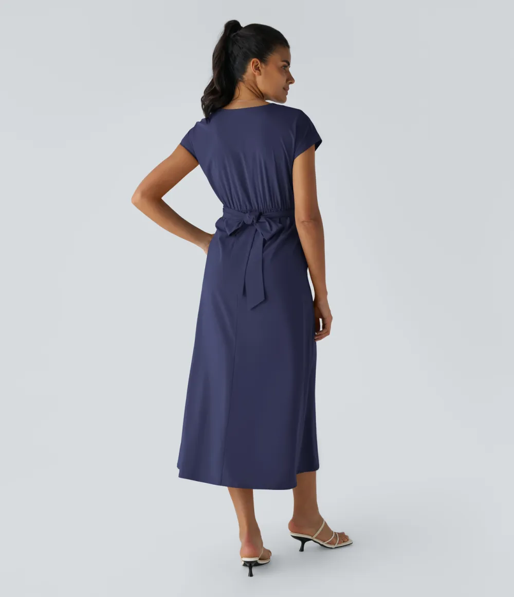 Breezeful V Neck Short Sleeve Side Pocket Tie Back Quick Dry Midi Casual Dress