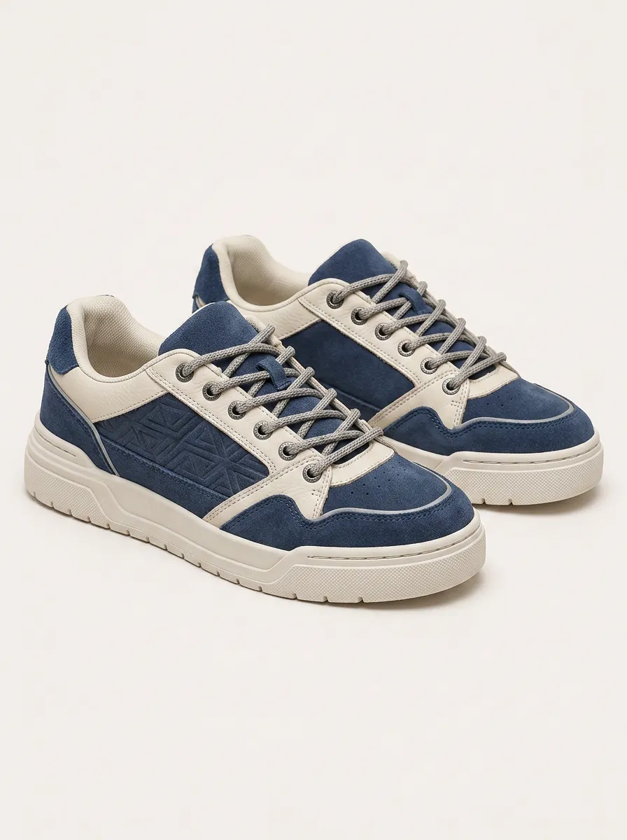 Men's Geometric Pattern Blue Suede Printed Sneakers