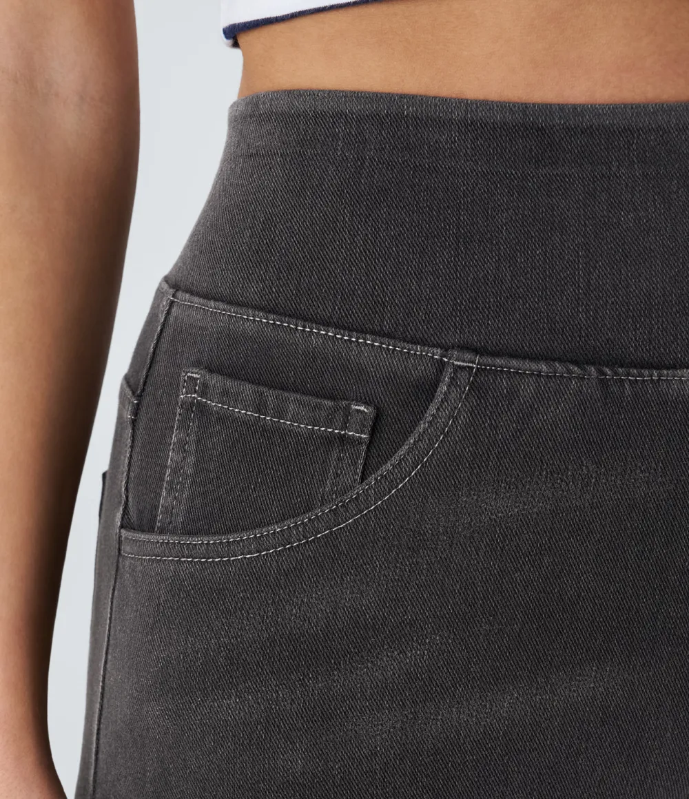 Magic High Waisted Multiple Pockets Wide Leg Washed Stretchy Knit Casual Jeans