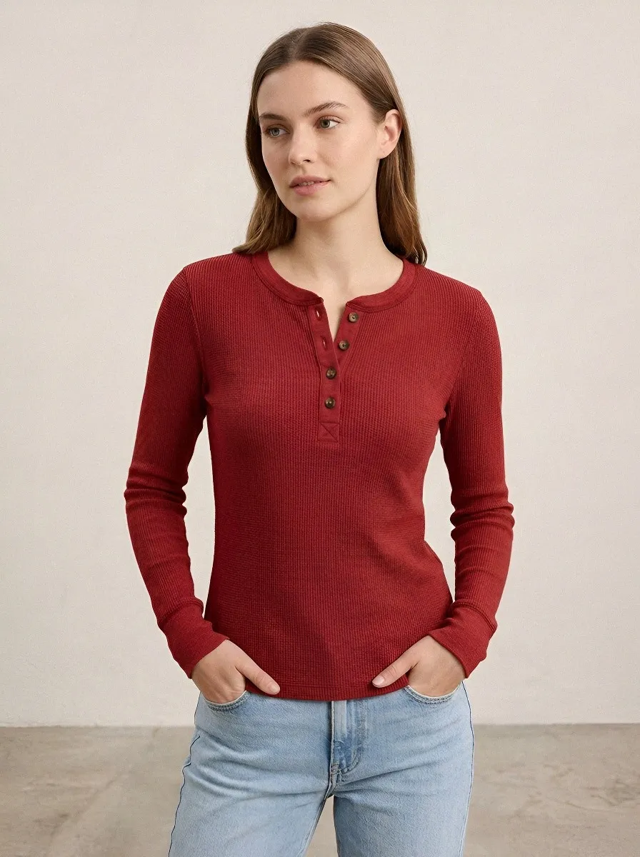 Women's Casual Basic Brown Waffle Knit Button Henley Shirt