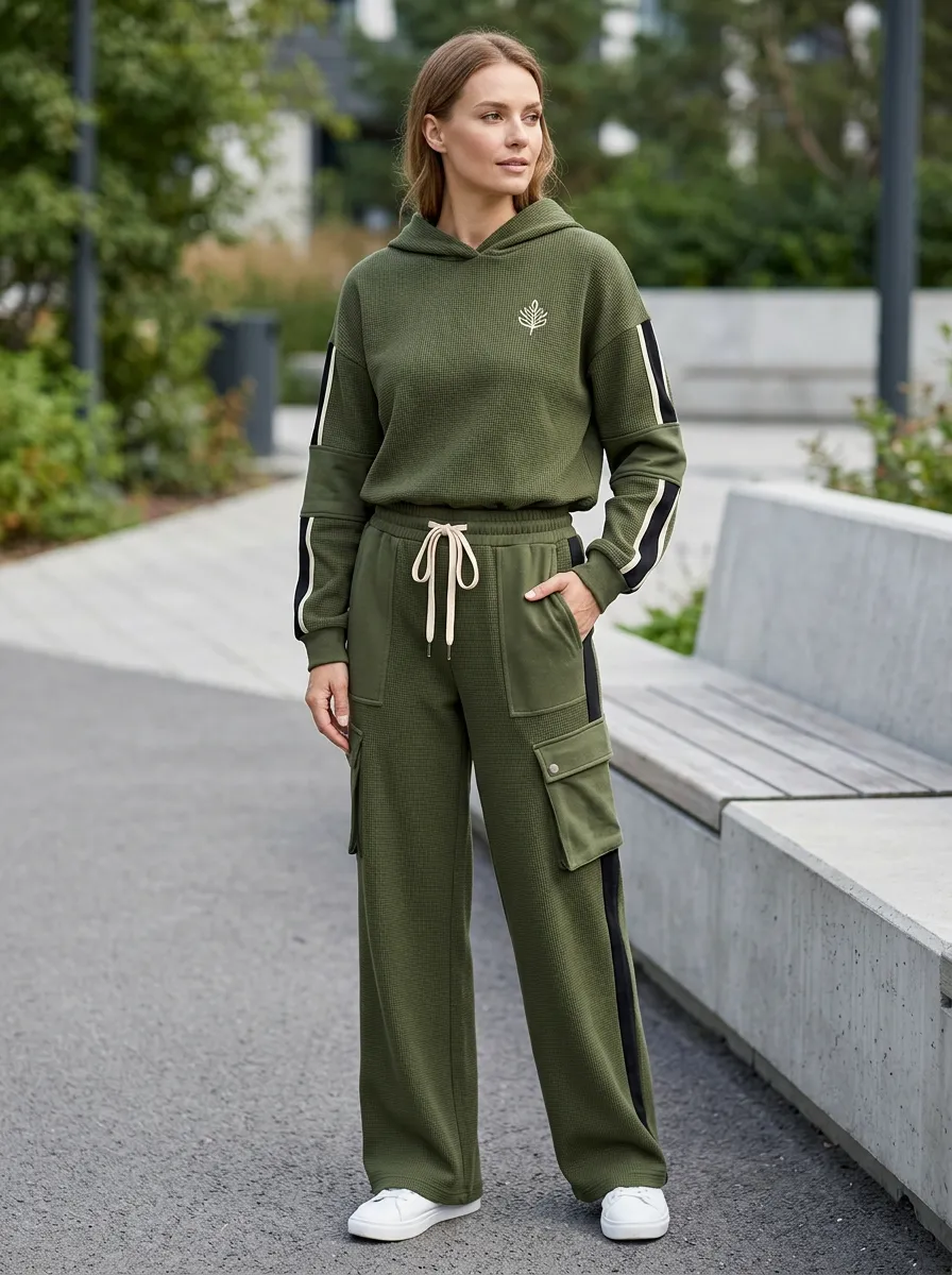 Women's Olive Waffle Knit Leaf Logo Printed Hooded Tracksuit